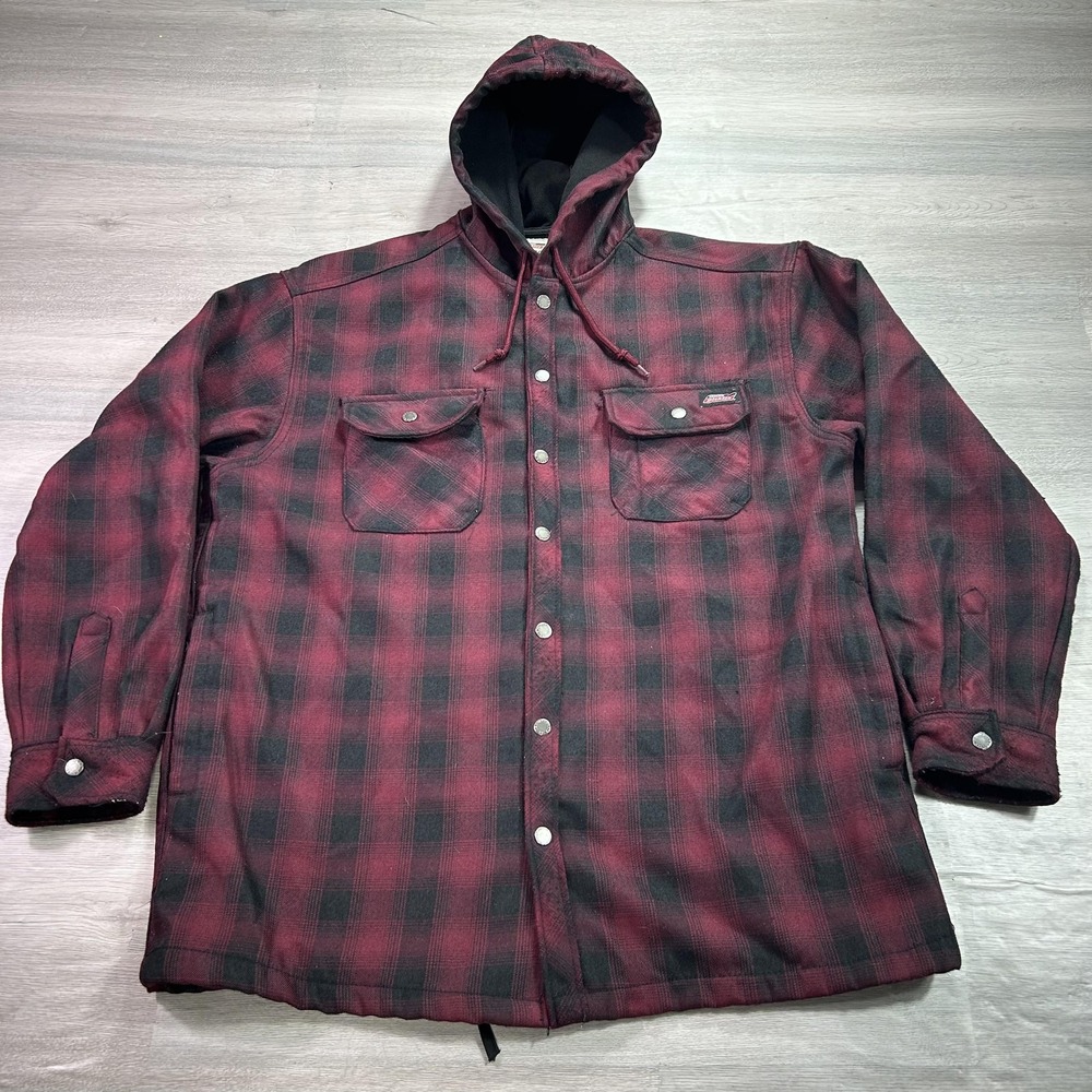 Dickies Parka Jacket Mens XL Red Black Plaid Flannel Hooded Insulated Snap Front